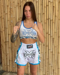 Revolution X Ladies Set White Blue Sports Bra Wave Shorts